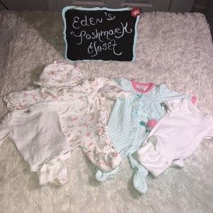 Premie girl sleepers and newborn organic onesies